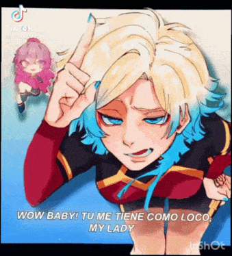 a cartoon of a girl with blonde hair and blue eyes giving a middle finger .