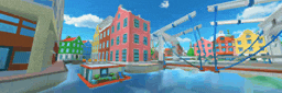 a cartoon of a city with buildings and a bridge