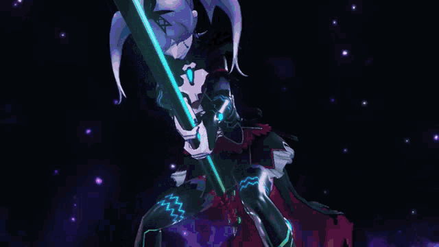 a cartoon character is holding a blue light sword in a dark room .