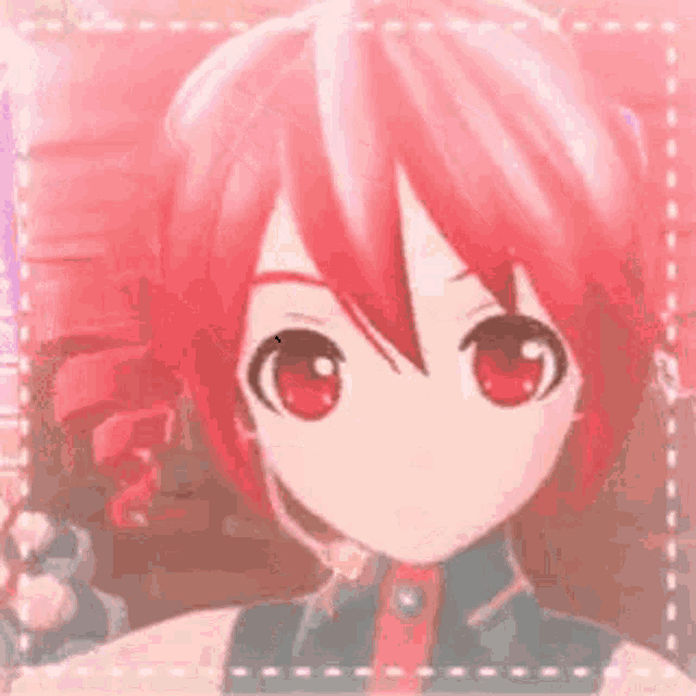 a close up of a red haired anime girl with big red eyes .