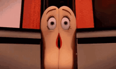 a cartoon sausage with a surprised look on its face is standing next to a wall .