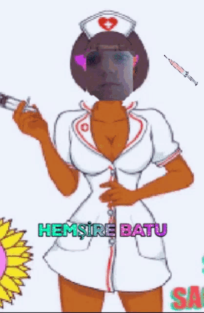 a cartoon of a nurse holding a syringe with the words hemsire batu written below her