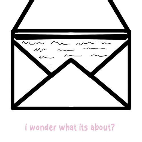 a black and white drawing of an envelope with the words i wonder what it 's about