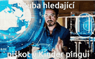 a picture of a man with the words kuba hledajici piskot v kinder pingui written below him