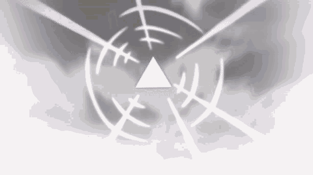 a white triangle is surrounded by purple lines