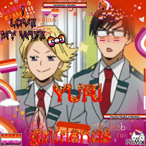 a couple of anime characters with yuri written in the middle