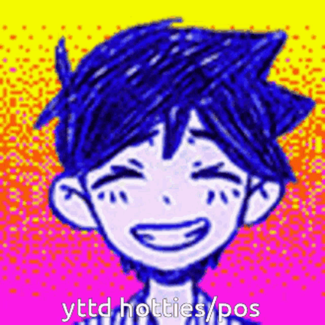 a pixel art drawing of a boy with blue hair and a yellow background .
