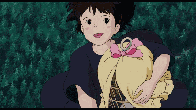 a cartoon girl is holding a bag with a pink flower on it