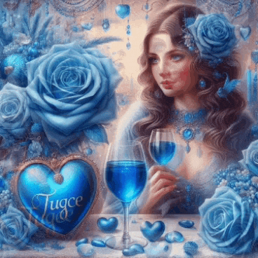 a woman is sitting at a table with a glass of wine and a heart that says tugce on it