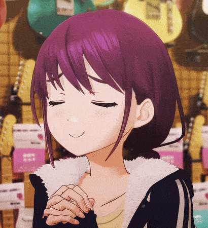 a girl with purple hair stands in front of a wall of guitars