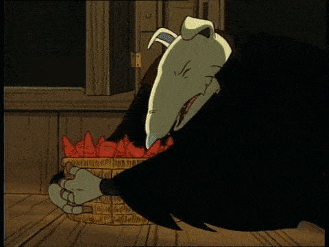 a cartoon character is holding a basket on his head