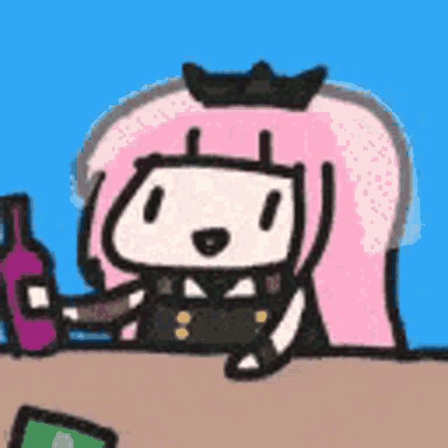 a cartoon character with pink hair is sitting at a table with a bottle of wine .