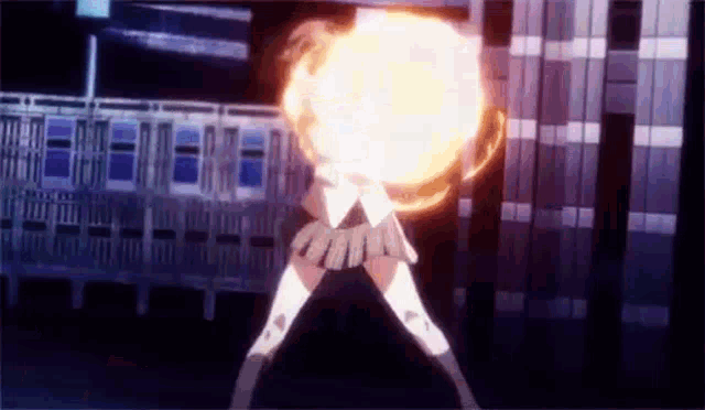 a girl in a skirt is standing in front of a building with a glowing ball coming out of her head .