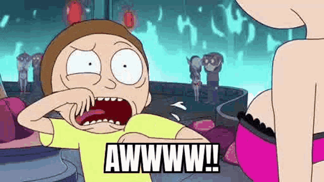 a cartoon character from rick and morty is standing next to a woman in a bikini and making a funny face .