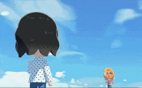 a girl in a polka dot shirt stands next to another girl in a pink tank top