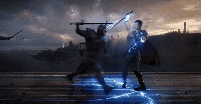 a man is holding a lightning bolt while another man is holding a sword