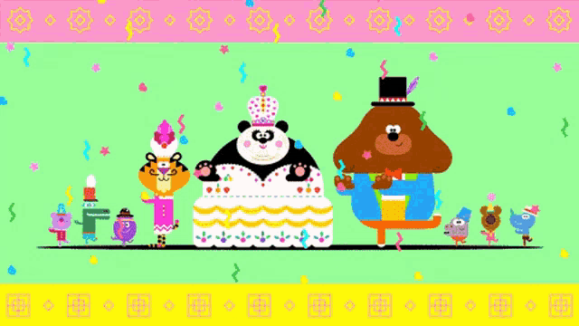 a group of cartoon characters including a panda and a tiger
