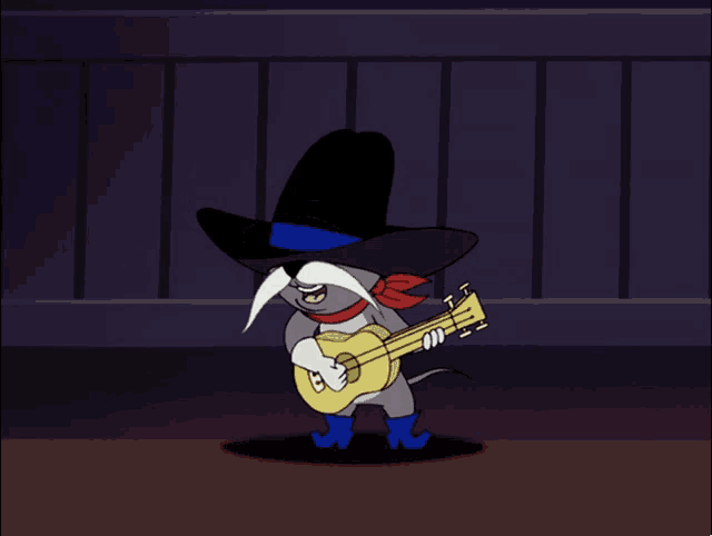 a cartoon mouse is playing a guitar and wearing a cowboy hat