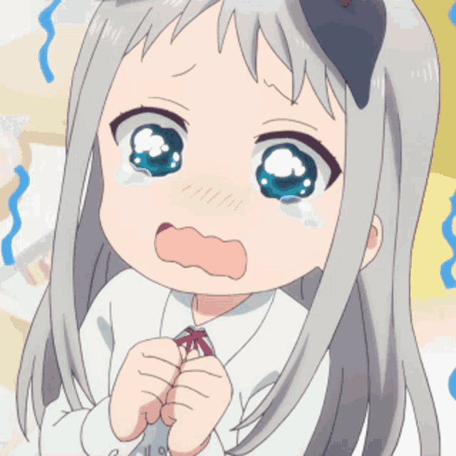a girl with gray hair and blue eyes is crying with her mouth open