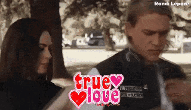 a man and a woman are standing next to each other and the words true love are on the bottom