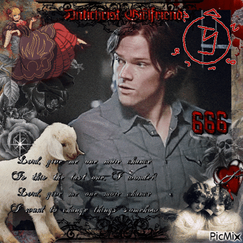 a picture of a man and a goat with the number 666 in red