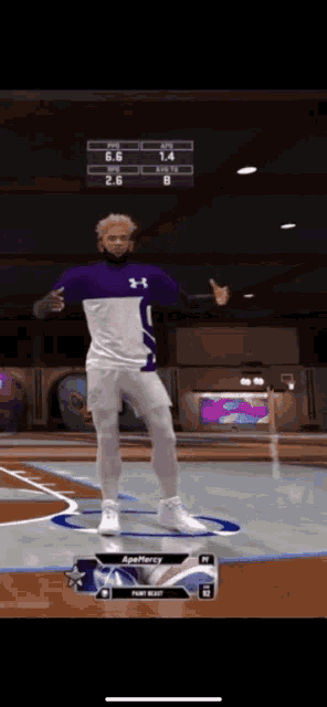 a man in a purple and white under armour shirt stands on a basketball court