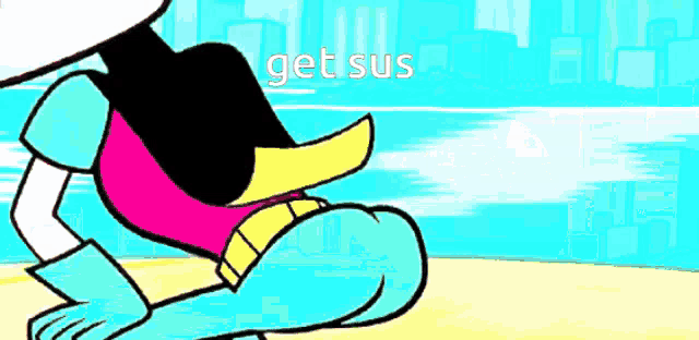 a cartoon character is kneeling on the beach and the words get sus are visible in the background