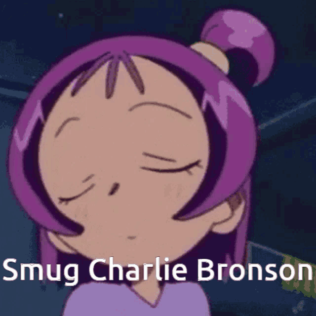 a cartoon girl with purple hair and the name charlie bronson on the bottom