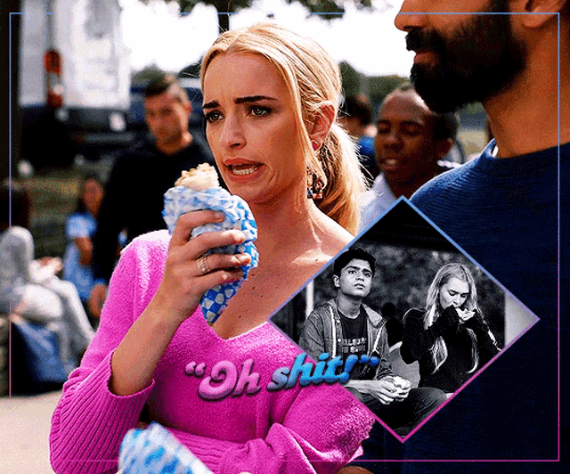 a woman in a pink sweater is holding a bag of popcorn with the words oh shit on the bottom