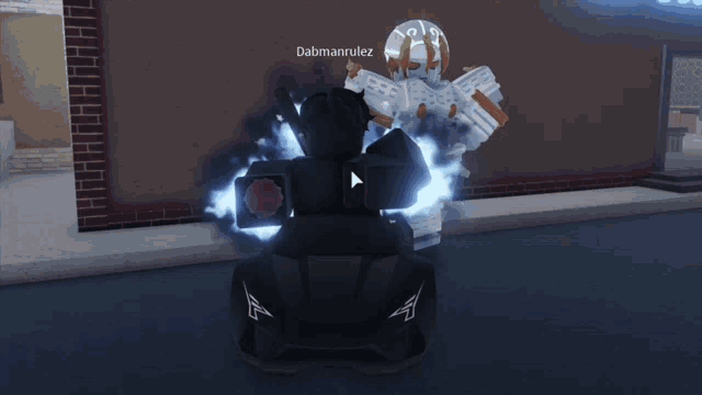 a video game character named dabmanrulez is standing next to a black car