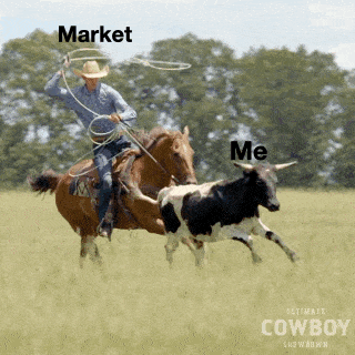 a cowboy is riding a horse with a lasso and a cow is running behind him with the words market and me above him