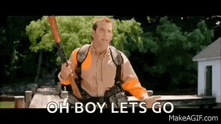 a man is holding a rifle in his hand and saying `` oh boy let 's go '' .