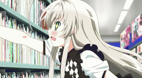 a girl with long white hair is reaching for a book on a shelf in a library