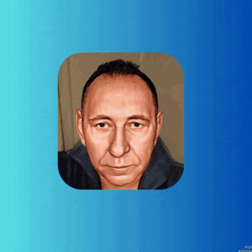 a painting of a man 's face is displayed on a blue background with a watermark that says world