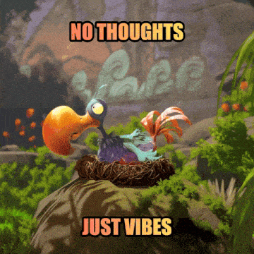 a cartoon bird in a nest with the words no thoughts just vibes above it