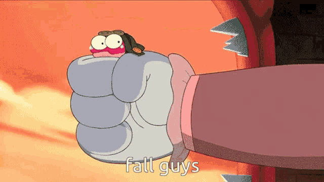 a cartoon character with the words fall guys on the bottom right
