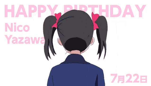 a cartoon of a girl with the words happy nico yazawa behind her