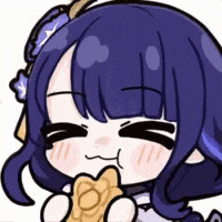a cartoon girl with purple hair is eating a sandwich .