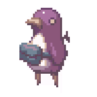 a pixel art drawing of a purple bird holding a blue bag .