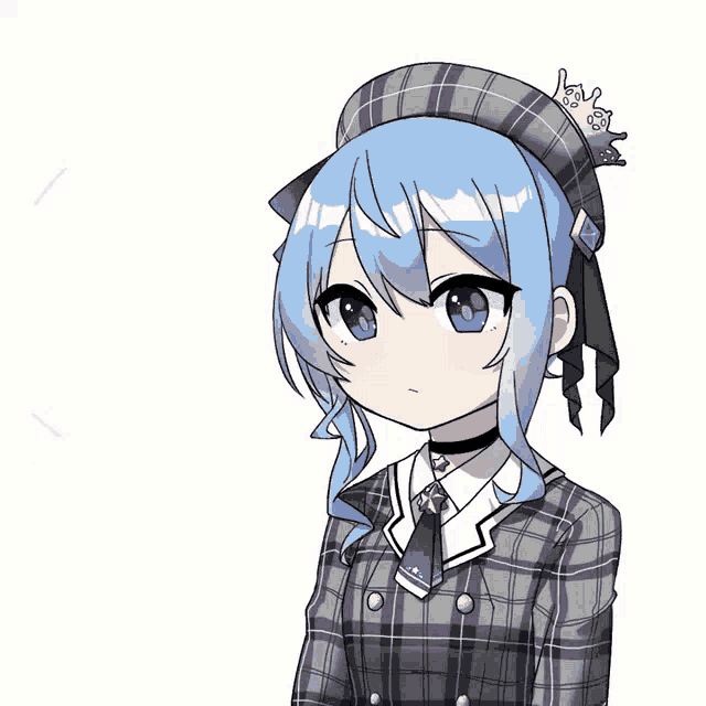 a drawing of a girl with blue hair wearing a plaid outfit
