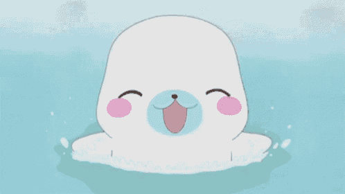 a cartoon seal with a pink cheek is swimming in the water .