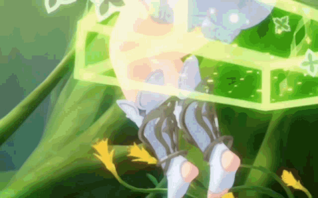 a green box with a butterfly on it is surrounded by plants