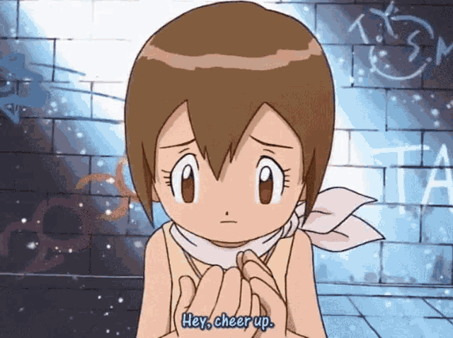 a cartoon girl is holding someone 's hand and saying " hey cheer up "