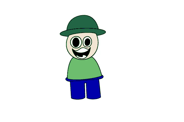 a cartoon character is wearing a green hat and a green shirt
