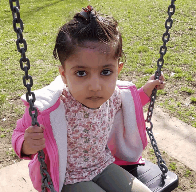 a little girl in a pink jacket sits on a black swing