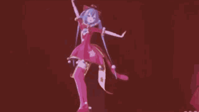 a cartoon character is dancing on a stage in a pink dress with stars .