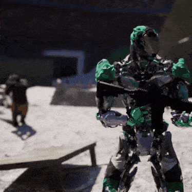 a robot with green arms is holding a rifle