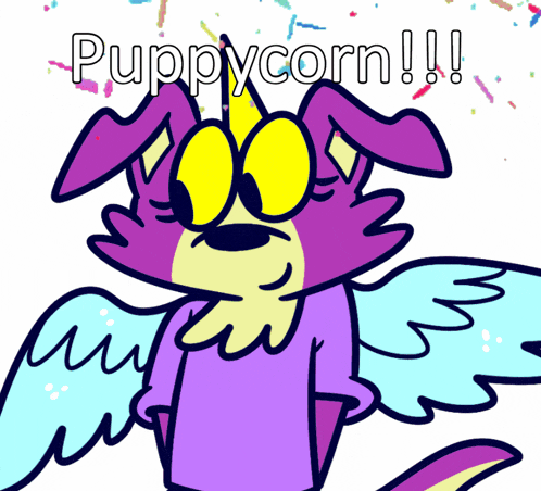 a cartoon dog with wings and the words puppycorn