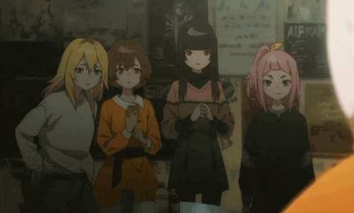 a group of anime girls are standing in front of a sign that says alfrar