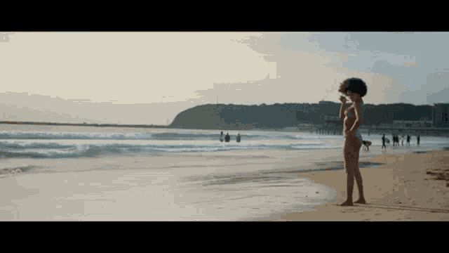 a woman in a bikini is standing on the beach